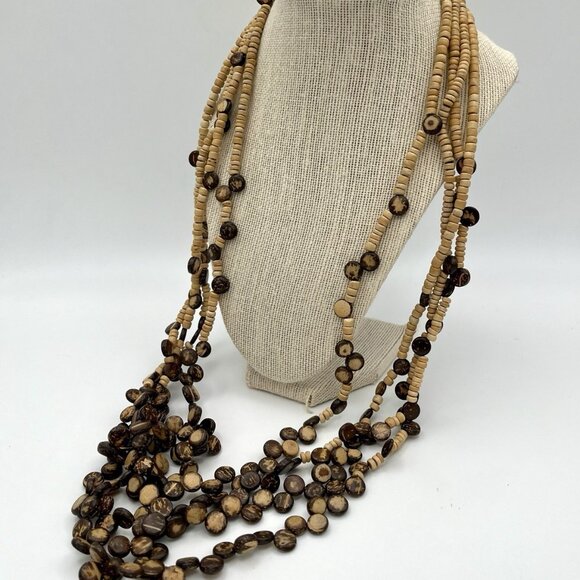 Boho Multi-Strand Coconut Shell and Wood Bead Necklace Gold Tone Clasp VTG - Picture 4 of 5